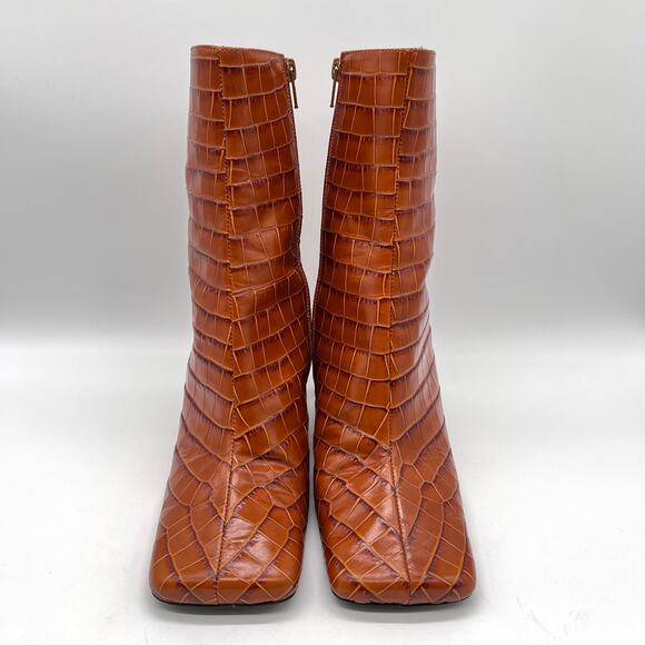 BY FAR Celine Square Toe Croc Embossed Boot Womens 40 Brown Leather Ankle Heeled - Picture 3 of 12